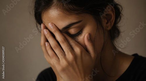 Woman with hands on face expressing sadness and emotional pain.
