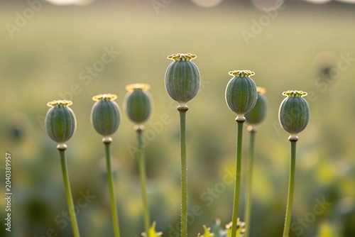 A bunch of green poppies growing in a field