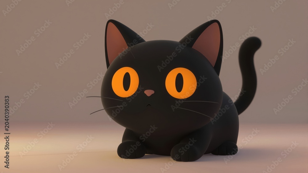 Fototapeta premium Charming Black Cat Illustration: An adorable, stylized black cat with big, glowing orange eyes and a bushy tail is rendered in a cute, cartoonish style.