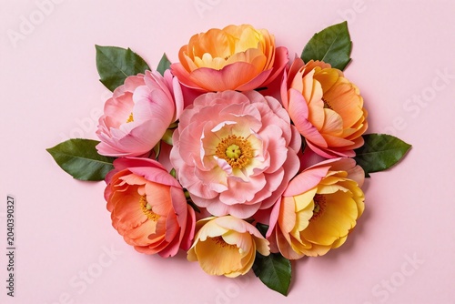 A bunch of pink and red flowers on a pink background