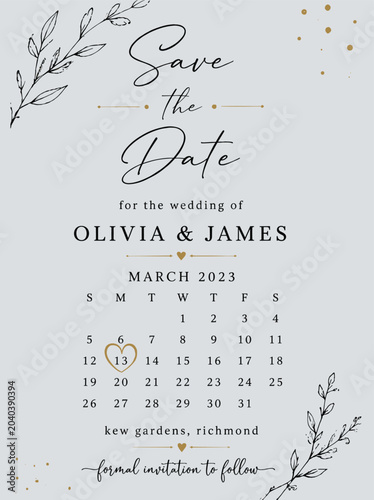 Save the date wedding invitation calendar card. Featuring elegant botanical line art drawings and gold hearts for marriage celebration. Illustration.
