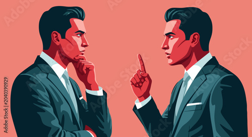 Bild auf Leinwand Contemplative Businessman Facing His Reflection in Modern Illustration