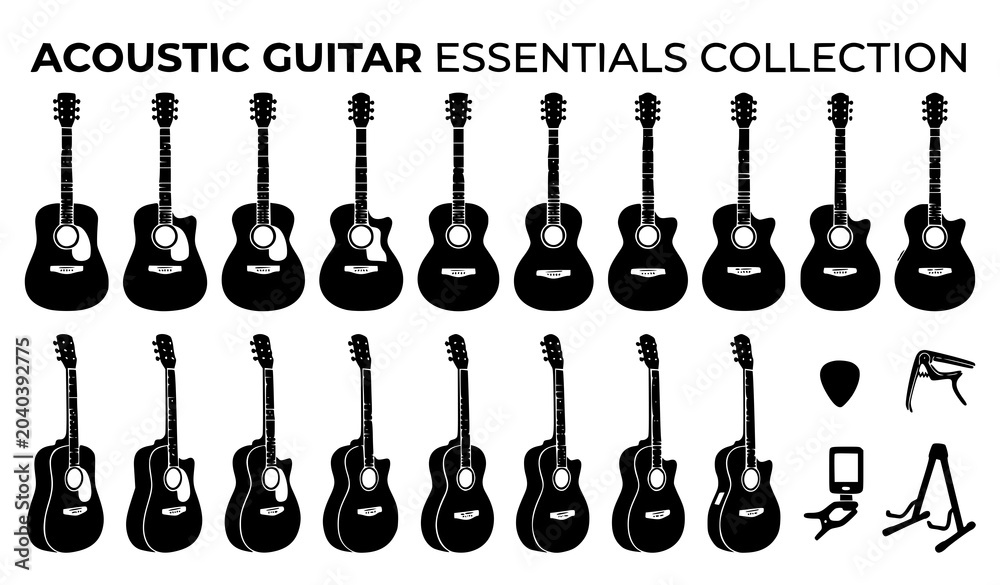 Naklejka premium Classic Acoustic Guitar Front and Side Angle Icon Essentials Vector Set