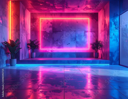 A futuristic room with neon lights and plants (179)