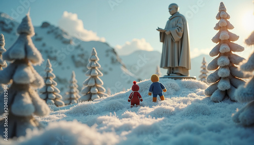 Two figurines with a snowy background admiring a statue in a winter landscape