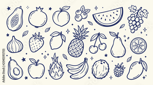 Collection of diverse handdrawn fruit illustrations in a charming doodle style with a cream background