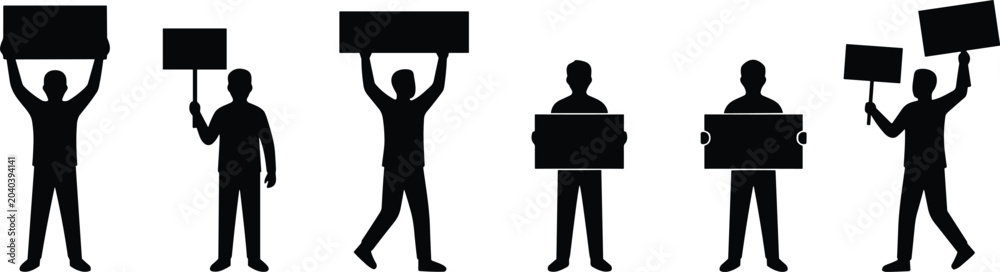 Fototapeta premium Protest Demonstration Silhouettes Holding Blank Signs and Banners Isolated Human Figures Vector Illustration Set