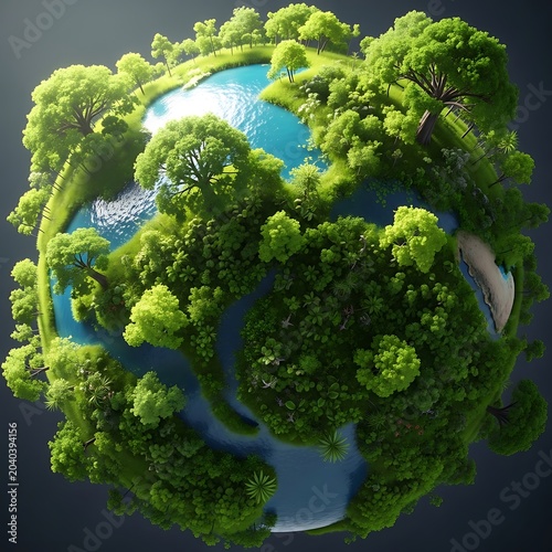 Beautiful miniature planet with lush green forest and blue water