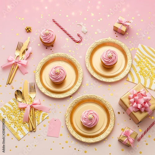 Pink and gold cupcakes on plates with utensils and gifts