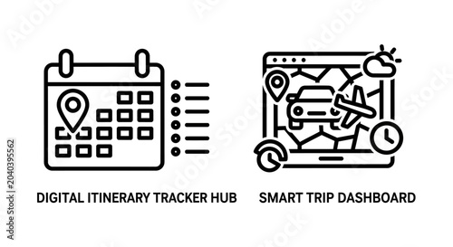 Photos Digital itinerary tracker hub and smart trip dashboard icons with itinerary
