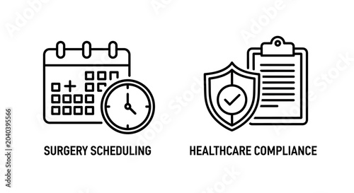 Surgery scheduling calendar and healthcare compliance shield icons with calendar