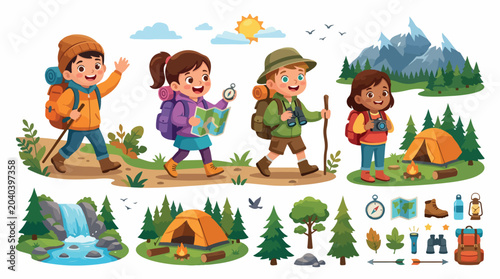Cartoon children hiking and camping vector set, happy kids scouts exploring nature with backpacks and maps, outdoor adventure elements isolated PNG with Transparent Background