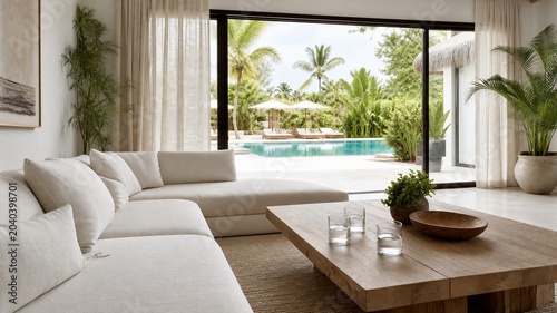 Modern Poolside Summer Cabana Living Room With Open Doors