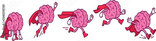 Superhero Brain Character Animation Sprite Sheet Set Showing Stages of Running and Sprinting in Red Cape for Mind Power Concepts Vector