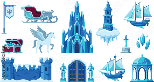 Photos Fantasy Winter Castle and Ice Kingdom Illustration Set with Sleigh, Crystal Pala