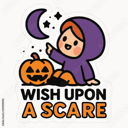 Cute cartoon child wearing a purple hooded cloak sitting beside a carved orange pumpkin while pointing at a crescent moon