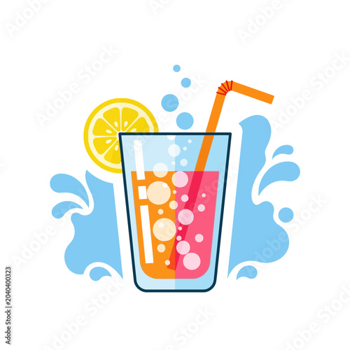 Refreshing summer drink illustration with lemon and bubbles.