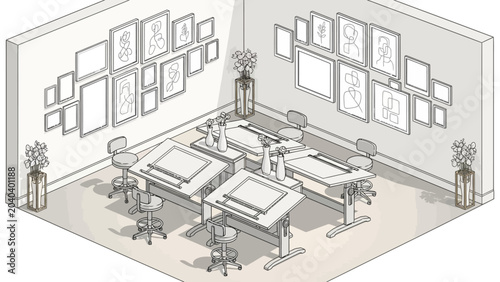 Modern Office Space with Desks and Artwork.