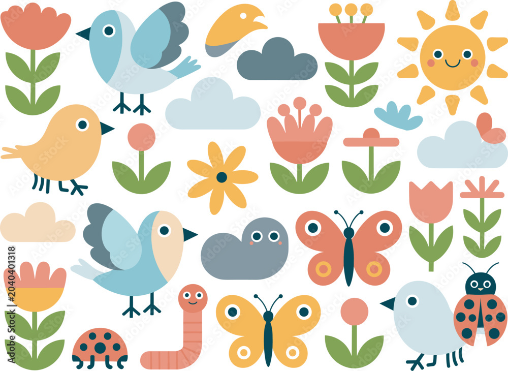 Fototapeta premium Cute spring nature collection with birds butterflies flowers sunshine and garden insects cartoon illustrations