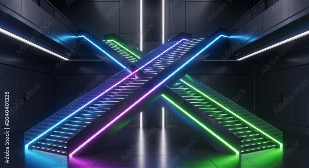 Obraz premium Minimalist futuristic staircase with glowing neon edges and sharp angular architecture inside a sleek metallic space station environment, symmetry, hall, station