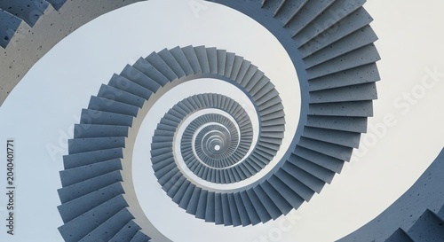 Seamless geometric architecture creates an impossible optical illusion where concrete steps spiral endlessly within a clean and modern void, fantasy, paradox, shape