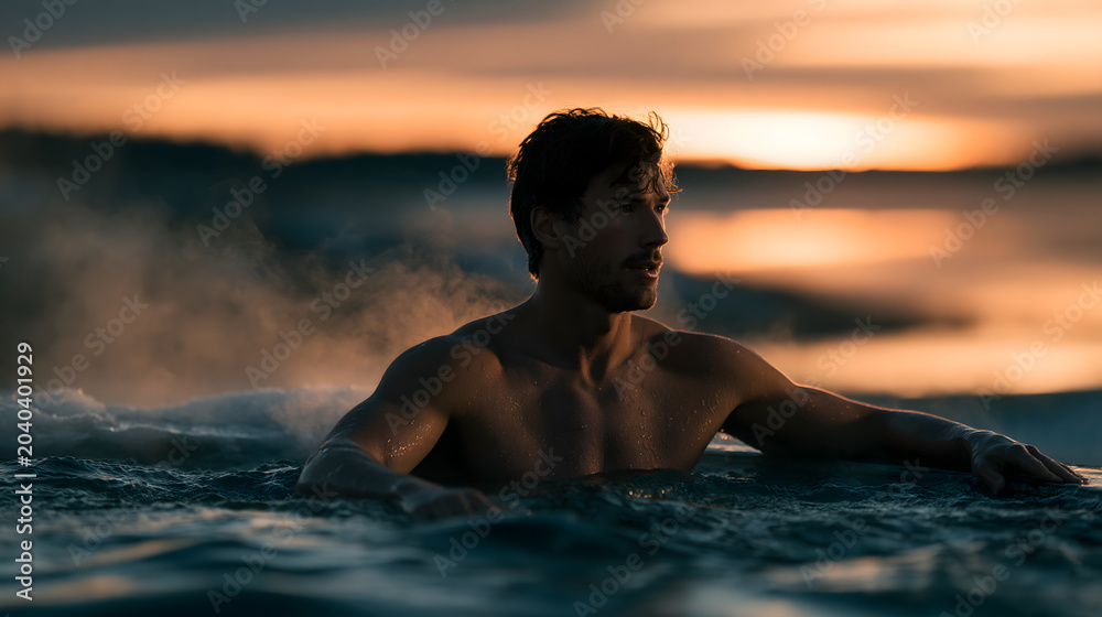 Fototapeta premium Man in the Ocean at Sunset: A man is submerged in the ocean's water, with a warm sunset casting an orange glow on his face.