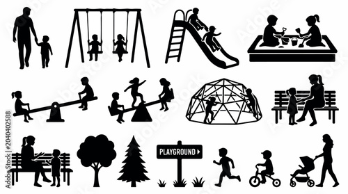 Black playground silhouettes set, children playing on park equipment vector icons, kids and parents at outdoor recreation area isolated PNG with Transparent Background