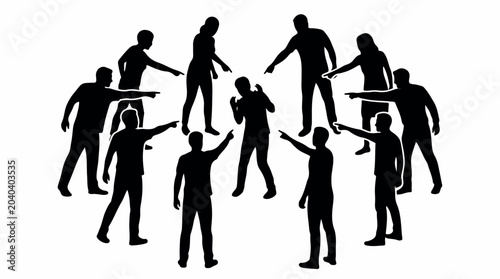 Bullying and social pressure silhouette vector, group of people pointing fingers at one victim, workplace harassment and public shaming concept isolated PNG with Transparent Background