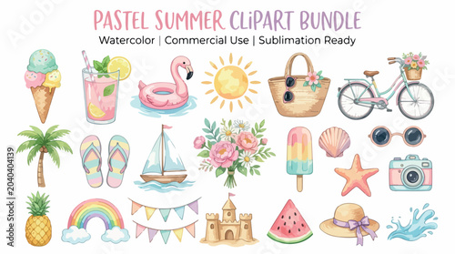 Pastel summer clipart bundle, watercolor vacation vector elements, tropical beach holiday illustrations for sublimation and commercial use isolated PNG with Transparent Background