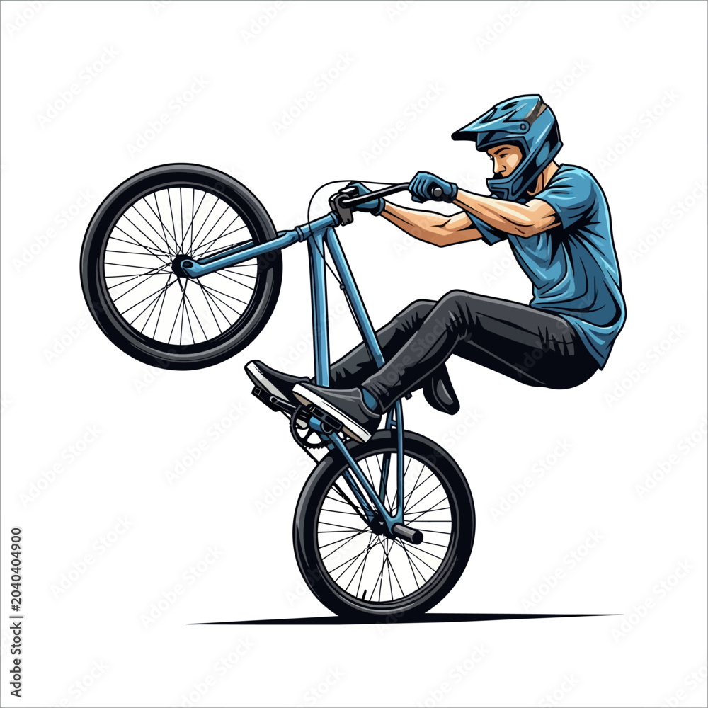 Naklejka premium Cyclist performing a wheelie with blue bike, cartoon style