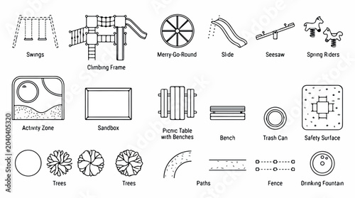 Minimalist playground equipment icons, black line art park landscape elements, 18 vector symbols for urban planning and site maps isolated PNG with Transparent Background