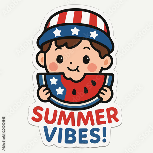 Cute boy wearing a patriotic american hat eating a slice of fresh watermelon with summer vibes text sticker design illustration