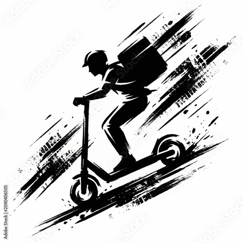 Canvas Print Delivery person riding electric scooter with insulated bag.