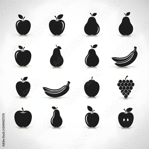 Minimalist Black Fruit Icons Set Flat Vector Illustration