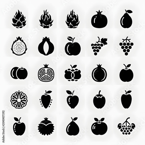 Minimalist Black Fruit Icons Vector Grid Illustration