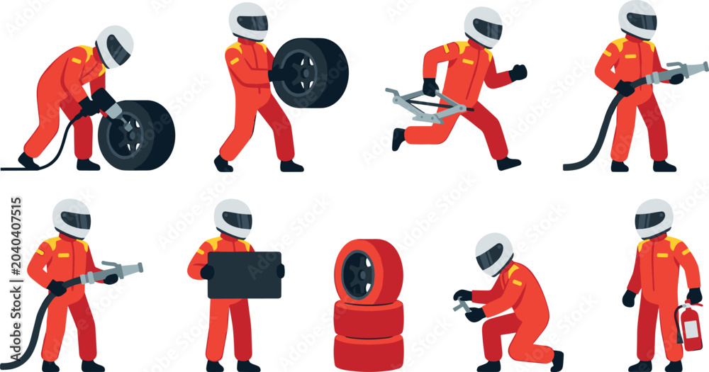 Ταπετσαρία Racing Pit Crew Mechanic Character Set in Red Uniform and Helmet Changing Tires,