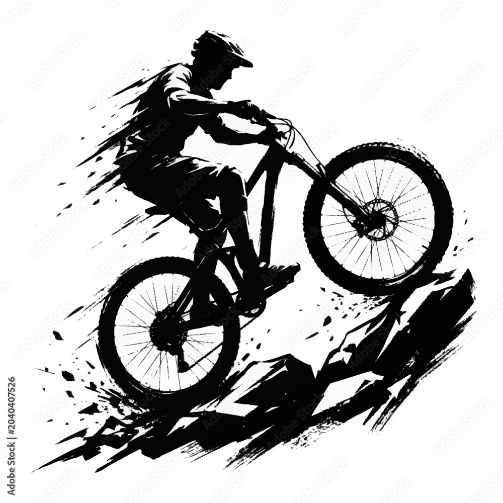 Fototapeta premium Silhouette of a mountain biker performing a jump on a rocky trail.