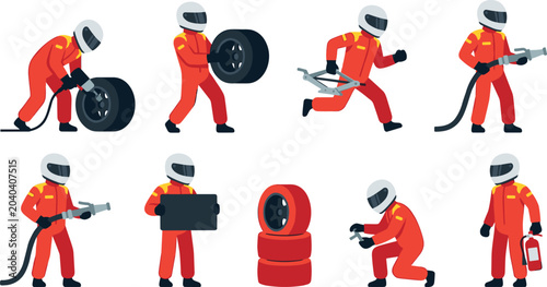 Φωτογραφία Racing Pit Crew Mechanic Character Set in Red Uniform and Helmet Changing Tires,