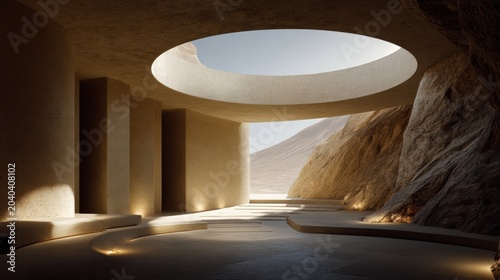 Modern architectural interior with natural rock walls, curved pathways, and large circular skylight illuminating the space.
