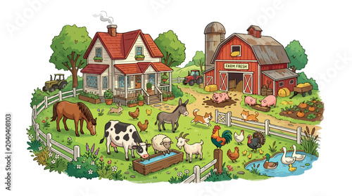 Rustic farm landscape with livestock and barn, cartoon countryside farm animals illustration, rural homestead with farmhouse and red barn vector isolated PNG with Transparent Background