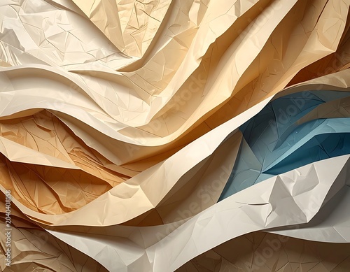 A low-poly abstract artwork with wavy beige and blue shapes