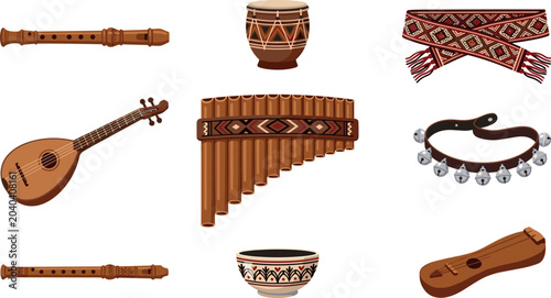 Obraz na płótnie Traditional Slavic and Folk Musical Instrument Set with Pan Flute, Lute, Pipe, J