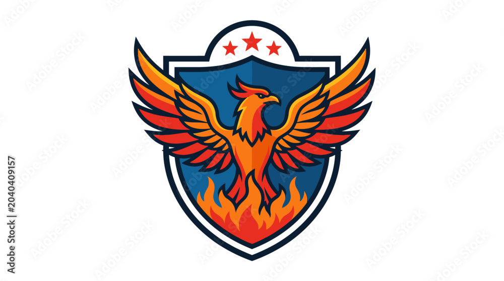 Fototapeta premium Phoenix Bird Emblem with Flames and Stars - Mythology Logo