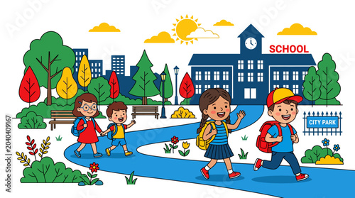 Happy Children Walking to School with Backpacks on a Sunny Day