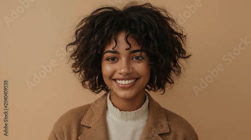 Young woman with curly hair smiling in neutral studio portrait