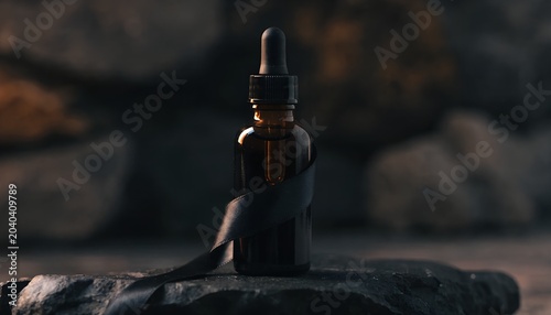 Amber glass cosmetic dropper bottle set on a textured stone pedestal