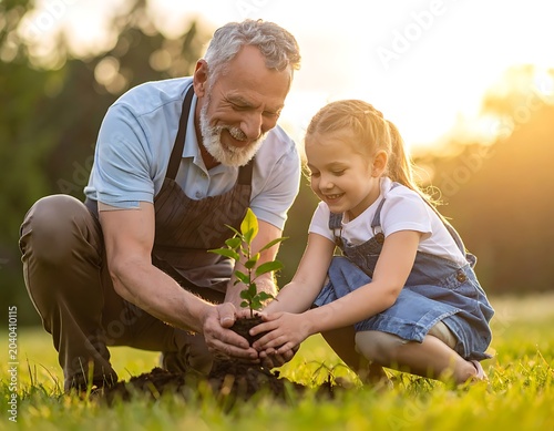 A man and a young girl planting a sapling together outdoors