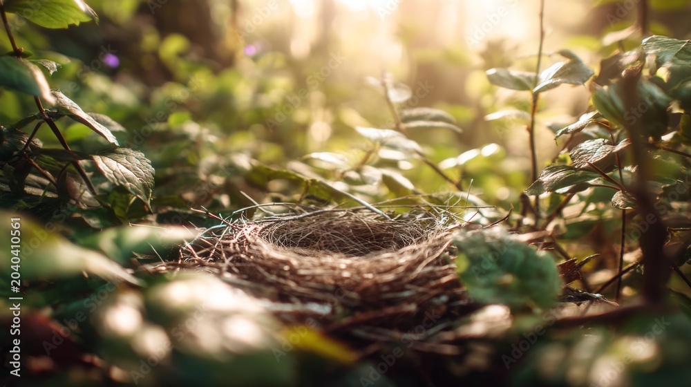 Fototapeta premium Serene Bird Nest Amidst Lush Greenery Under Soft Sunlight in a Tranquil Forest Environment
