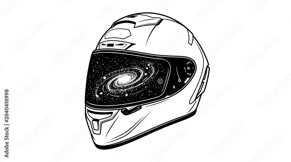 Fototapeta premium Sleek motorcycle helmet vector illustration with a stunning spiral galaxy reflecting in the visor, capturing the essence of cosmic exploration and visionary journeys