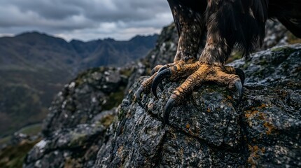 Golden eagle claws perched on rocky mountain terrain